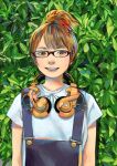  1girl absurdres brown_eyes brown_hair foliage glasses grin hair_ribbon headphones highres junjunforever leaf looking_to_the_side original overalls plant ponytail ribbon shirt short_hair short_ponytail short_sleeves smile solo 