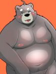  2019 anthro belly black_nose bodily_fluids drooling hi_res male mammal menmen_kesinn moobs nipples oreange_background overweight overweight_male pubes saliva solo tongue tongue_out ursid 