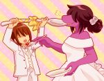  anthro breasts clothed clothing cutlery deltarune dress duo female food fruit human kitchen_utensils kris_(deltarune) male mammal necktie open_mouth plant scalie smile spoon strawberry susie_(deltarune) tools video_games walnut_(pixiv) white_clothing white_dress white_suit 