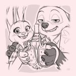  1:1 alcohol anthro beverage blush bottle buckteeth canid canine ciwi claws clothed clothing cup disney duo ears_up english_text female fox gloves_(marking) grin hi_res holding_cup holding_object judy_hopps lagomorph leporid male mammal markings monochrome nick_wilde rabbit shirt sketch smile teeth text topwear zootopia 