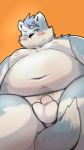  2019 anthro balls belly blue_body blue_fur blush bodily_fluids canid canine canis domestic_dog flaccid fur hi_res male mammal menmen_kesinn moobs navel nipples orange_background overweight overweight_male penis simple_background solo sweat 