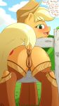  2019 animal_genitalia anus applejack_(mlp) blush butt clitoris clothed clothing cutie_mark digital_media_(artwork) earth_pony equid equine female feral friendship_is_magic fur h3nger hair hi_res horse looking_at_viewer mammal my_little_pony open_mouth pony pussy simple_background solo teats tongue 