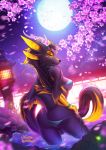  2019 anthro breasts cherryblossoms clothed clothing detailed_background dragon female fingers fur furred_dragon gaiawolfess hi_res moon night non-mammal_breasts outside sky solo standing wingless_dragon 