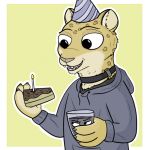  1:1 anothercolouranon anthro birthday_cake cake candle claws clothed clothing fangs felid food front_view fur hat headgear headwear holding_cup holding_food holding_object hoodie inner_ear_fluff jaguar male mammal nate_(smugbeverage) pantherine shock_collar simple_background solo spots teeth topwear yellow_body yellow_fur 