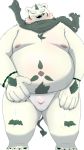 2019 anthro belly bulge clothing fur green_eyes hi_res horn humanoid_hands male mammal menmen_kesinn moobs nipples one_eye_closed overweight overweight_male scarf simple_background solo underwear ursid white_background white_body white_fur wink 
