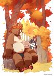  2019 anthro belly blush brown_body brown_fur bulge canid canine canis clothing detailed_background duo fur green_eyes hi_res humanoid_hands male mammal moobs navel nipples overweight overweight_male raccoon_dog sitting tanuki underwear wolf wolfsoul 