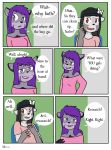  ailurid ambiguous_fluids anthro blush bodily_fluids breasts clothed clothing comic cub dialogue duo english_text female fiona_(artist) fur genital_fluids grey_body grey_fur hair hi_res mammal nicole_(xelaaredn) penny_(natani) procyonid purple_hair raccoon red_panda teenager text young 