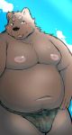  2019 anthro belly blush bodily_fluids bulge clothing hi_res humanoid_hands male mammal menmen_kesinn moobs nipples overweight overweight_male solo sweat tongue tongue_out underwear ursid 
