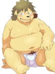  2019 anthro belly blush bodily_fluids bulge canid canine canis clothing domestic_dog hi_res humanoid_hands konbu male mammal moobs navel nipples overweight overweight_male simple_background sitting solo sweat underwear 