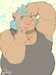  2019 absurd_res anthro belly blush buta5kawa clothing gouryou hamuga86 hi_res humanoid_hands male mammal one_eye_closed overweight overweight_male shirt simple_background solo suid suina sus_(pig) tank_top text tokyo_afterschool_summoners topwear video_games wild_boar wink 