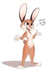  2019 ? anthro breasts brown_body brown_eyes brown_fur buckteeth cider_(ciderbunart) ciderbunart dialogue ears_up english_text featureless_breasts featureless_crotch female front_view fur hi_res lagomorph leporid mammal nude open_mouth rabbit scut_tail shadow signature simple_background solo standing tan_body tan_fur teeth text toeless_(marking) white_background 