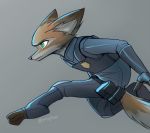  anthro canid canine clothed clothing dipstick_ears dipstick_tail disney fox fur green_eyes grey_background hi_res hunglee male mammal multicolored_ears multicolored_tail nick_wilde orange_body orange_fur police_uniform red_fox signature simple_background solo toeless_legwear uniform zootopia 