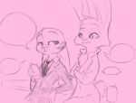  anthro chest_tuft ciwi clothed clothing dialogue disney duo ears_down ears_up facial_markings female head_markings head_tuft hi_res holding_object jack_savage judy_hopps lagomorph leaning leaning_back leporid looking_at_another male mammal markings necktie pink_background pivoted_ears rabbit scut_tail simple_background sketch speech_bubble suit tuft zootopia 