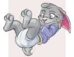  2019 absurd_res ambiguous_gender anthro blue_clothing clothing diaper feet fur furgonomics grey_body grey_eyes grey_fur hi_res hoodie kuuneho lagomorph legs_raised leporid looking_down mammal pink_nose rabbit solo topwear young 