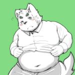  1:1 2019 anthro belly blush bottomwear canid canine canis clothed clothing domestic_dog green_background humanoid_hands male mammal menmen_kesinn navel open_shirt overweight overweight_male pants shirt simple_background solo topwear undressing 