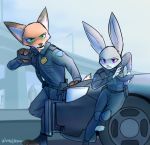  absurd_res anthro big_ears canid canine car clothed clothing dipstick_ears disney duo female fox fur green_eyes grey_body grey_fur hi_res holding_object hunglee judy_hopps lagomorph leporid male mammal multicolored_ears necktie nick_wilde outside police_uniform purple_eyes rabbit red_fox running signature sky toeless_legwear uniform vehicle zootopia 