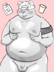  2019 anthro balls blush bodily_fluids cum flaccid genital_fluids humanoid_hands humanoid_penis japanese_text male mammal menmen_kesinn moobs navel nipples one_eye_closed overweight overweight_male penis pink_background simple_background solo text ursid wink 