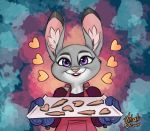  &lt;3 anthro apron buckteeth clothed clothing cookie dipstick_ears disney female food fur gloves grey_body grey_fur handwear holding_object inner_ear_fluff judy_hopps lagomorph leporid mammal multicolored_ears purple_eyes rabbit shirt signature smile solo teeth topwear yelnatsdraws zootopia 