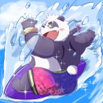  1:1 2019 alp_(tas) anthro belly black_nose blush butt clothing cute_fangs fur giant_panda hi_res humanoid_hands male mammal mohumohudansi outside overweight overweight_male purple_body purple_fur solo surfboard surfing swimwear tokyo_afterschool_summoners tongue ursid video_games water white_body white_fur 