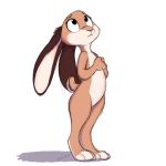  1:1 ambiguous_gender anthro big_eyes brown_body brown_fur cider_(ciderbunart) ciderbunart ears_down fur hi_res lagomorph leporid looking_up mammal nude pivoted_ears rabbit shadow signature simple_background solo standing toeless_(marking) white_background white_body white_fur 