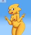  alphys anthro belly blush bodily_fluids breasts brown_eyes eyewear female filler_shmazman gesture glasses hi_res lizard navel nipples non-mammal_breasts nude open_mouth reptile scalie shmazman smile solo standing sweat sweatdrop thick_thighs tongue undertale v_sign video_games wide_hips 