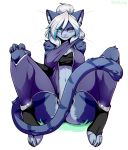  2019 5_fingers anthro biped blue_body blue_ears blue_fur blue_stripes blue_tail breasts claws clothing convenient_censorship digital_media_(artwork) domestic_cat felid feline felis female fingers fur grey_body grey_fur hair heterochromia hi_res legwear long_hair long_tail looking_at_viewer mammal multicolored_body multicolored_fur navel pink_nose purple_eyes simple_background sitting smaller_version_at_source smile solo striped_body striped_fur striped_tail stripes toe_claws whiskers white_background white_hair zkelle 