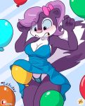  2019 accessory anthro balloon big_tail blush breasts cleavage clenched_teeth clothed clothing dress embarrassed english_text female fifi_la_fume fluffy fluffy_tail fur furboz hair_accessory hair_bow hair_ribbon hashtag looking_down mammal mephitid multicolored_body multicolored_fur panties panty_shot patreon ribbons simple_background skunk teeth text tiny_toon_adventures two_tone_body two_tone_fur underwear upskirt warner_brothers 