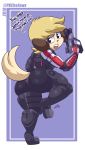  absurd_res anthro blonde_hair butt canid canine canis dialogue domestic_dog fur girly gun hair hi_res looking_back male mammal mass_effect niko_(pkfirefawx) open_mouth pkfirefawx ranged_weapon solo thick_thighs video_games weapon yellow_body yellow_fur 