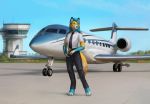  2019 4_toes 5_fingers aircraft airplane airport anthro barefoot blue_body blue_eyes blue_fur blue_hair blue_nose bottomwear canid canine canis claws clothed clothing day detailed_background digital_media_(artwork) digitigrade female fingers fully_clothed fur hair hat headgear headwear hi_res holding_hat holding_object kuroi-kisin mammal necktie outside pants pilot shirt sky solo standing toe_claws toes topwear uniform white_body white_fur wolf yellow_body yellow_fur 