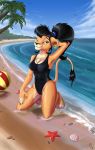  absurd_res anthro ball barefoot beach beach_ball black_hair black_nose breasts chest_tuft clothed clothing cloud ear_piercing ear_ring eyelashes felid female fur hair hand_behind_head hi_res hindpaw kilinda kneeling lion mammal nipple_outline one-piece_swimsuit one_eye_closed pantherine paws piercing ponytail sea seashell seaside shell sirzi sky solo swimwear tree tuft water wet 