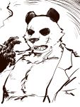  41raco anthro beastars black_body black_fur black_nose cigarette clothed clothing fur giant_panda gouhin hi_res male mammal open_mouth open_shirt scar simple_background smoke smoking solo ursid white_body white_fur 