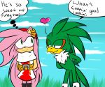  &lt;3 2014 accipitrid accipitriform amy_rose avian bird blue_eyes blush chest_tuft clothed clothing dialogue duo eulipotyphlan female green_eyes hedgehog jet_the_hawk male mammal renee-moonveil sonic_(series) sonic_riders tuft 