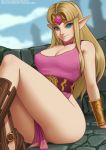  2019 a_link_between_worlds arm_support big_breasts blonde_hair blue_eyes breasts butt cleavage clothed clothing cloud collarbone day deilan12 digital_media_(artwork) female glistening glistening_body glistening_skin hair humanoid humanoid_pointy_ears hylian jewelry leaning leaning_back long_hair looking_at_viewer lounging mammal nintendo nipples no_underwear not_furry outside princess_zelda reclining simple_background sitting sky smile solo the_legend_of_zelda thick_thighs video_games 