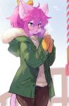  2019 4_fingers anthro blush clothed clothing cold cute_fangs domestic_cat felid feline felis female fingers fur gloves hair handwear hi_res jacket japanese_text kemono ksyaro mammal open_mouth pink_body pink_fur pink_hair simple_background solo standing text topwear 