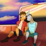  1:1 anthro bottomwear canid canine canis clothed clothing coyote duo fish fully_clothed fuze hand_holding hi_res ian_(fuze) male male/male mammal marine mond_reyes open_shirt pickup_truck romantic shark shirt shorts sitting sunset tank_top texnatsu topwear 