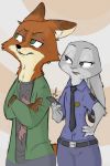  age_difference anothercolouranon anthro belt bodily_fluids bottomwear canid canine ciwi claws clothing colored dipstick_ears disney duo ears_down female fox fur green_eyes grey_body grey_fur hand_on_hip hi_res judy_hopps lagomorph leporid male mammal multicolored_ears necktie nick_wilde orange_body orange_fur pants pivoted_ears police_uniform purple_eyes rabbit red_fox shirt simple_background sweat sweatdrop t-shirt topwear uniform zootopia 