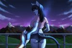  5_fingers anthro black_hair bottomwear breasts butt clothed clothing crop_top detailed_background disembodied_hand domestic_cat duo felid feline felis female fingers fully_clothed hair mammal night outside rayley shirt shorts skimpy sky smile standing star starry_sky topwear under_boob 
