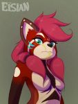  ailurid anthro bodypaint breasts clothed clothing convenient_censorship elsian female green_eyes hair half-length_portrait hi_res looking_at_viewer mammal native pink_hair portrait red_panda solo topless tribal watermark 