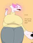  2019 anthro big_breasts blush bottomwear breasts clothed clothing crossgender dialogue embarrassed english_text eyebrows eyelashes female femboi_lugia_(lightningfire12) front_view hi_res hoodie_stalker jeans legendary_pok&eacute;mon lugia nintendo open_mouth pants phone pok&eacute;mon pok&eacute;mon_(species) simple_background smile solo standing sweater text thick_tail thick_thighs topwear video_games white_body white_skin wide_hips 