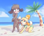  2019 absurd_res all_fours animal_crossing anthro assisted_exposure beach bikini blonde_hair blue_eyes blush blush_stickers brother brother_and_sister brown_body brown_fur butt canid canine canis clothing cloud constricted_pupils coppertone digby_(animal_crossing) digital_media_(artwork) dipstick_tail domestic_dog duo fangs female freckles fur girly hair hi_res isabelle_(animal_crossing) kneeling looking_back looking_up male mammal melangetic mostly_nude mouth_hold multicolored_tail nintendo open_mouth outside parody patreon pawpads playful sand sea seaside shih_tzu sibling sister sky standing surprise swimwear text tied_hair toy_dog video_games water yellow_body yellow_fur 