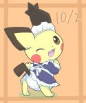  2019 ambiguous_gender black_body black_fur bow_tie clothing cub fur furgonomics headgear headwear hi_res looking_at_viewer looking_back maid_uniform nintendo one_eye_closed open_mouth panties pichu pok&eacute;mon pok&eacute;mon_(species) solo spiky-eared_pichu standing underwear uniform video_games wadorigi white_panties yellow_body yellow_fur young 