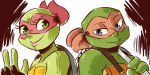  2019 ambiguous_gender anthro artemisia_(inkyfrog) back_to_back bandanna blue_eyes brass_knuckles duo fan_character freckles green_eyes holding_object inkyfrog lipstick looking_at_viewer makeup mask melee_weapon pink_lipstick reptile scalie shell simple_background teenage_mutant_ninja_turtles turtle victor_(inkyfrog) weapon white_background 