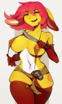  2019 anthro areola big_breasts biped breasts clothing delki digital_media_(artwork) erect_nipples female fur hair hi_res knife lagomorph leporid long_hair mammal nipples open_mouth open_smile pinup pose rabbit smile solo yellow_body yellow_fur 