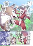  2019 all_fours ambiguous_gender anthro blue_eyes breasts brown_body brown_fur canid canine cheek_tuft chest_tuft claws comic dialogue duo english_text fangs featureless_breasts female feral fur greninja hi_res kicktyan lycanroc mammal midday_lycanroc midnight_lycanroc multicolored_body multicolored_fur nintendo open_mouth pok&eacute;mon pok&eacute;mon_(species) red_body red_eyes red_fur rockruff sibling sister sisters text tongue tuft video_games white_body white_fur 