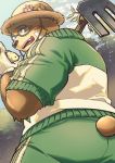  2019 anthro blush bottomwear brown_body brown_fur butt clothed clothing eyewear fur glasses gloves handwear hat headgear headwear hi_res humanoid_hands male mammal outside overweight overweight_male pants pm8sleepy solo straw_hat teeth tokyo_afterschool_summoners tongue ursid video_games volos 