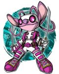  2018 4_fingers alien angel_(lilo_and_stitch) antennae_(anatomy) belt clothed clothing crossover disney dual_wielding experiment_(lilo_and_stitch) female fingers footwear frank_malec fur gwenpool hi_res holding_object holding_weapon katana lilo_and_stitch marvel melee_weapon pink_body pink_clothing pink_footwear pink_fur pink_shoes purple_nose shoes solo standing sword weapon 
