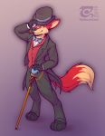  2019 4_toes 5_fingers anthro black_nose canid canine classy clothed clothing digital_media_(artwork) dipstick_tail fingers fox fur hat headgear headwear heterochromia hi_res male mammal multicolored_tail orange_body orange_fur simple_background solo thesecretcave toes top_hat 