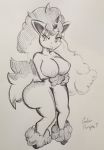  2019 anthro anthrofied areola arm_under_breasts big_breasts big_butt biped breasts butt collarbone english_text equid eyebrow_through_hair eyebrows eyelashes eyeshadow feathering female fluffy fluffy_tail front_view full-length_portrait fur galarian_ponyta grey_background hair hatching_(art) hi_res hooves horn huge_butt leg_tuft looking_aside looking_away makeup mammal mane mane_hair monochrome nintendo nipples nude pen_(artwork) pikapika212 pok&eacute;mon pok&eacute;mon_(species) pok&eacute;morph portrait regional_variant simple_background small_waist smile solo standing text thick_thighs traditional_media_(artwork) translucent translucent_hair unicorn unicorn_horn video_games 