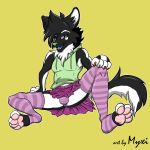  1:1 anthro bottomwear bulge canid canine clothing colored_nails girly hi_res hoodie legwear male mammal myxi nails panties sitting skirt solo thigh_highs toes topwear underwear 