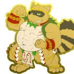  1:1 2019 anthro balls belly brown_body brown_fur bulge canid canine clothing fundoshi fur green_eyes hi_res humanoid_hands japanese_clothing male mammal moobs navel nipples overweight overweight_male raccoon_dog rockmai3 sengoku_puzzle simple_background solo tanuki tokugawa_ieyasu underwear white_background 